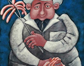 THE SAUSAGE SELLER funny quirky picture of a butcher by British artist Muriel Williams