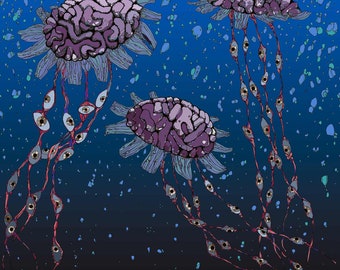 DEEPTHINKING swimming brain jellyfish manga style art on paper or canvas framed print by Mark Lloyd Williams