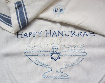 Happy Hanukkah Kitchen Towel. Hand Embroidered 100% Cotton, Vintage inspired Towel. SALE