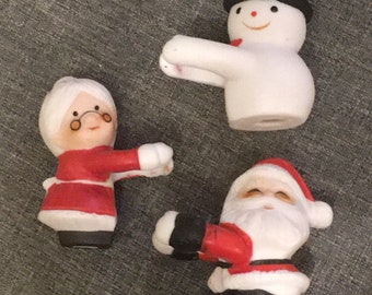 Vintage Candle Climbers w/Box GUC fits Taper size — Set of 3 Snowman, Santa, Mrs. Claus