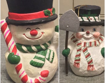 Well Loved Snowmen PAIR: Mod Taper Candle Holder & Contemporary Ornament. Vintage age unknown; retro looks. Need TLC! As is!