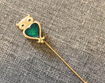 Vintage Gold-Tone Owl Stick Pin w/ Green Belly — pinup, retro, Twin Peaks, autumn, fall, winter