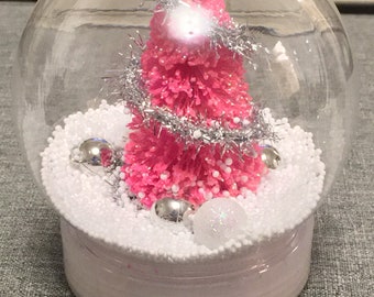 Retro Pink Christmas Tree Plastic Snow Globe NEW OOAK hot pink bottlebrush silver garland snow sparkly bulbs