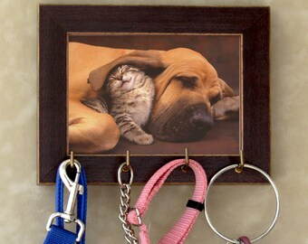 Wooden Pet Leash Holder, Family Photo Frame Keyholder