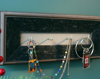 Rustic Wood Key Holder with Jewelry Hooks, Distressed Grey Frame