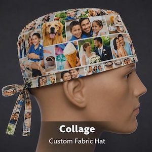 May include: A fabric scrub hat featuring a multi-photo collage print of various people, a golden retriever, and an ice cream cone. The hat has a tie-back closure and displays the text Collage Custom Fabric Hat on the lower portion of the image.
