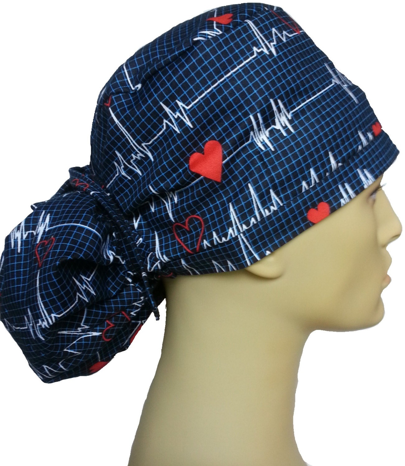 EKG ECG heartbeats QRS surgical scrub hat theatre cap ponytail