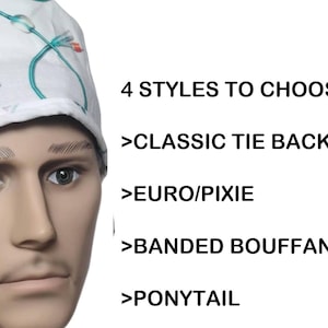 May include: A white scrub cap with a teal and red medical tubing pattern. 4 STYLES TO CHOOSE: >CLASSIC TIE BACK >EURO/PIXIE >BANDED BOUFFANT >PONYTAIL