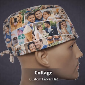 May include: A custom fabric hat featuring a collage of family photos, including a golden retriever, children, and couples. The hat has a tie closure and the word "Collage" is printed on the front.