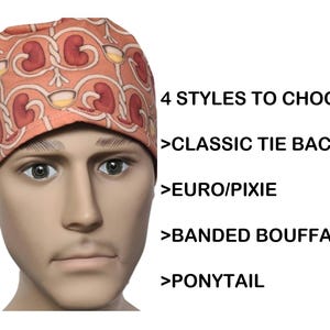 May include: A person wearing a pink and orange patterned surgical scrub cap with a variety of styles to choose from: Classic Tie Back, Euro/Pixie, Banded Bouffant, and Ponytail.