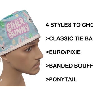 May include: A blue and white patterned surgical scrub hat with the text "ETHER BUNNY" in pink. The hat is tied at the back. 4 styles to choose from: Classic Tie Back, Euro/Pixie, Banded Bouffant, Ponytail.