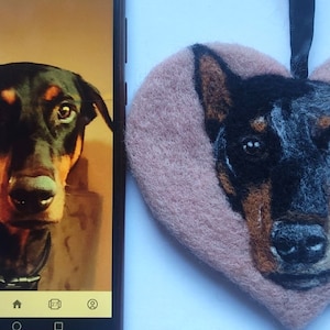 Custom dog portrait Realistic dog replica Needle felt dog ornament Cat portrait Felted dog Doberman art Heart with dog Felted heart decor