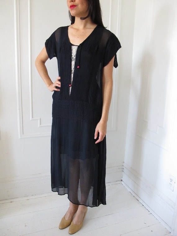 Silk Chiffon 1920's Drop-waist Navy Dress with Sli