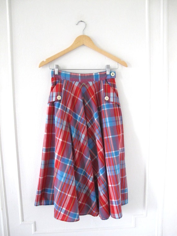 Red & Blue Plaid A-line 1970s Skirt w/ Pockets - S