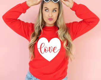 Valentines Sweatshirt, Love heart shirt, valentines day gift, valentines sweater, pink, red, gray. sand, white