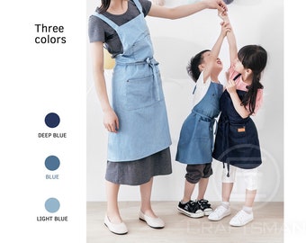 Children Denim Apron with Pockets - Multi-Use Unisex Cotton Work Apron for Cooking, Baking, Painting, Gardening, Claying, and More