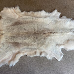 Op de afbeelding: Een rechthoekig dierenhuidkleed met lang, zacht bont in tinten gebroken wit, crème en lichtgrijs. De huid heeft een onregelmatige, natuurlijke randvorm met een dichte, getextureerde uitstraling en een centrale donkergrijze streep in de lengte.