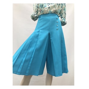 1970s Blue Turquoise Pleated Flares Skirt PANTS // size 38-uk10-us 6 //1970s Pants Wide Leg Pants Bell Bottom Pants