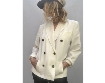 1980s white gold Buttons padded shoulder double breasted BLAZER // size eu 40 - uk 12- us 8