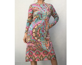 LEONARD 1970sPsychedelic A line knitted fitted DRESS // size eu 38-uk10-us6