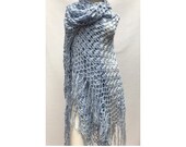 1970s blue pastel Triangle fringed Wool Knitted Crochet Xlarge Size SHAWL bohemian Shawl