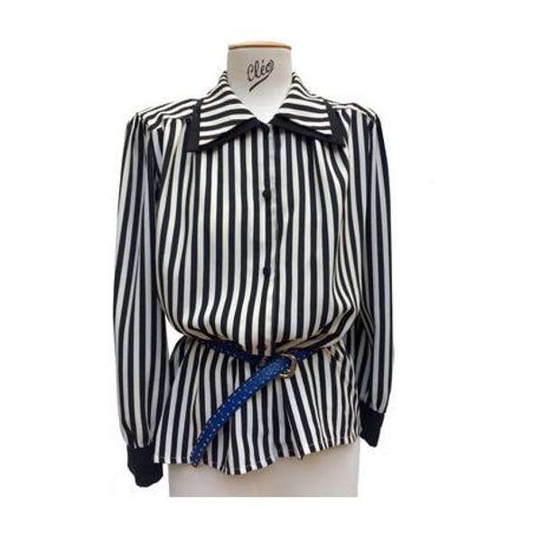 1980s Black and W hite stripes padded shoulder BLOUSE // 80s black and white // size eu 40-uk12-us8