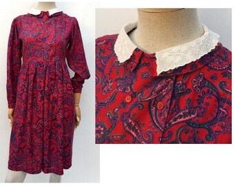 vintage 1980s dress // 80s Shirt dress // lace collar dress // red and purple //  Paisley  dress // made in india Cotton DRESS // size small