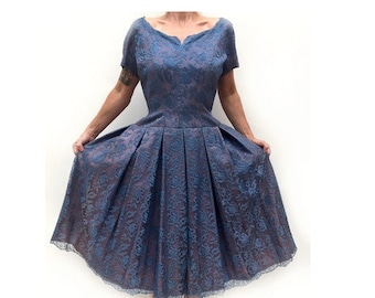 1950s Floral LACE  blue party DRESS // 1950s Cocktail DRESS // size eu 40 - uk 12 - us 8