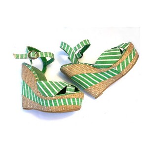 1990er Jahre Leinwand und Stroh Knöchel Riemen super High Platform WEDGES / / Größe eu 38 - uk 5 - uns 6,5