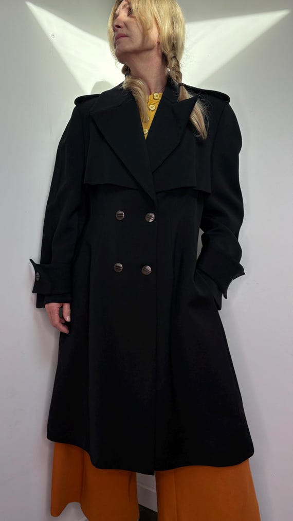 1990s Claude Montana Black Wool Trench Coat, French Designer
