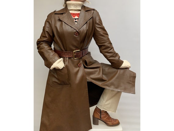 70s vintage brown leather TRENCH COAT Leather tre