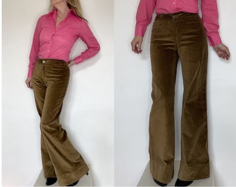 Vintage 70s Velvet Flare Pants, Bronze Bell Bottoms (FR 38-UK10-US6)