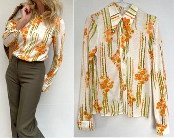 women 1970s vintage Floral knit cotton Buttoned SHIRT 70s women blouse size small