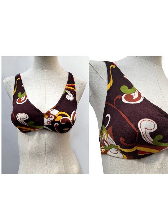 1970S Psychedelic Floral TOP BIKINI Bra // 1970s s