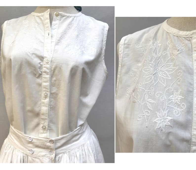 1970s white cotton floral embroidered sleeveless Indian Blouse // Mod eyelet cotton blouse //size e u38 uk 10 us 6 image 2