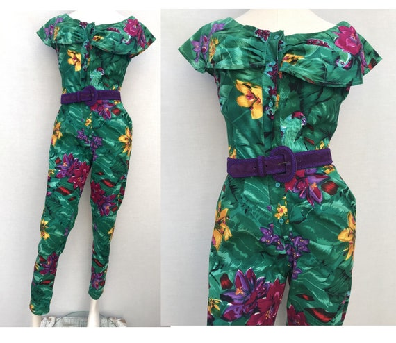 1980s iNDIAN Floral Green purple Tropical JUMPSUIT