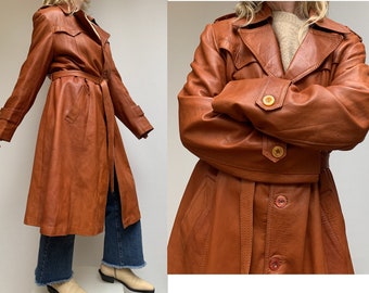 70s fox brown leather TRENCH COAT  Leather trench coat vintage brown leather coat 70s leather soft leather coat size L