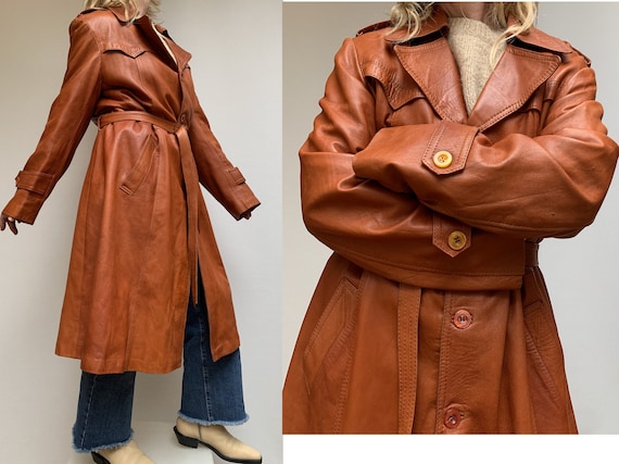 70s fox brown leather TRENCH COAT Leather trench