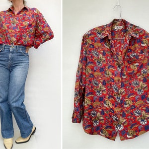 80s Floral oversized Cotton SHIRT blouse buttonned shirt 80s oversized size Small
