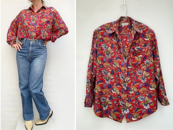 80s Floral oversized Cotton SHIRT blouse buttonne… - image 1