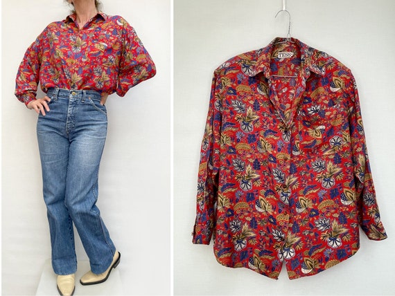 80s Floral oversized Cotton SHIRT blouse buttonne… - image 1