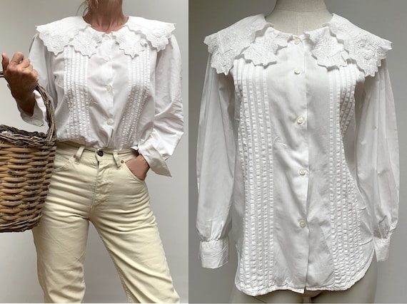 80s white cotton shawl collar BLOUSE embroidered w