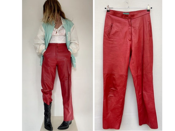 CACHAREL Women Red Leather PANTS 1980s 
