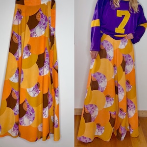 vintage wrapped 1970 maxi skirt psychedelic floral long skirt summer dress one size