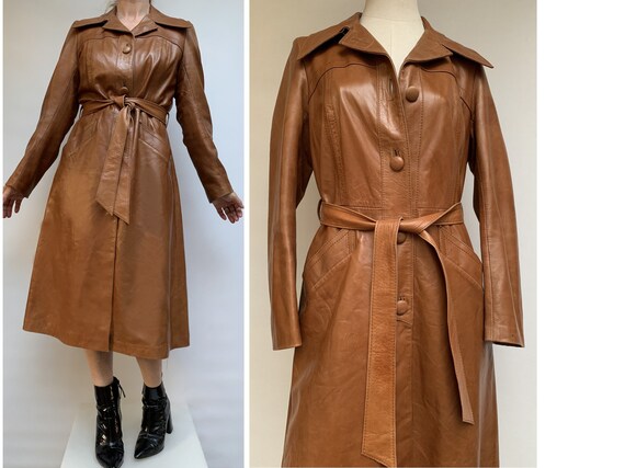 70s vintage brown leather TRENCH COAT Leather tre
