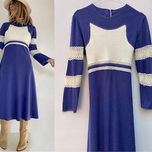 women 1970s lavender with crochet wool mixed DRESS bell sleeves knit size fr 38-uk10-us6