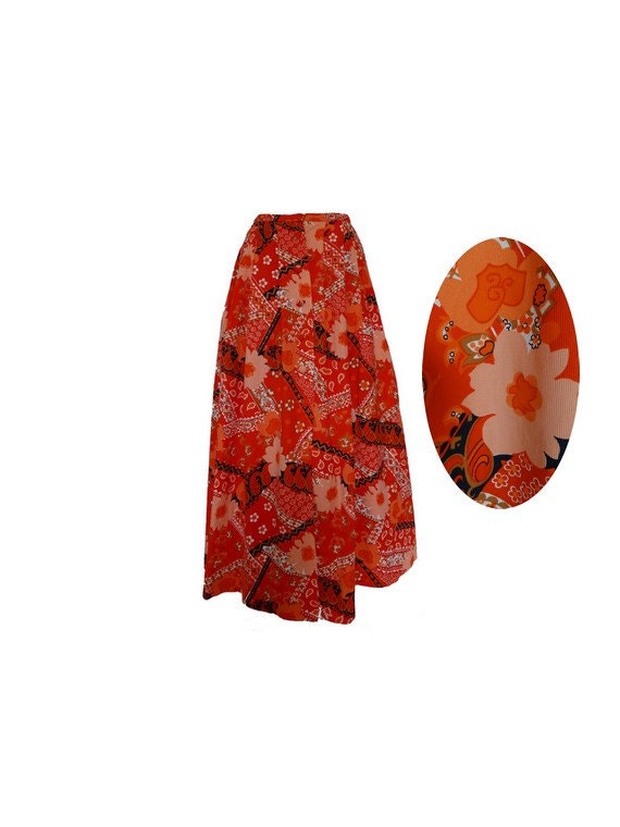 70s vintage Floral skirt orange MAXI Skirt psyche
