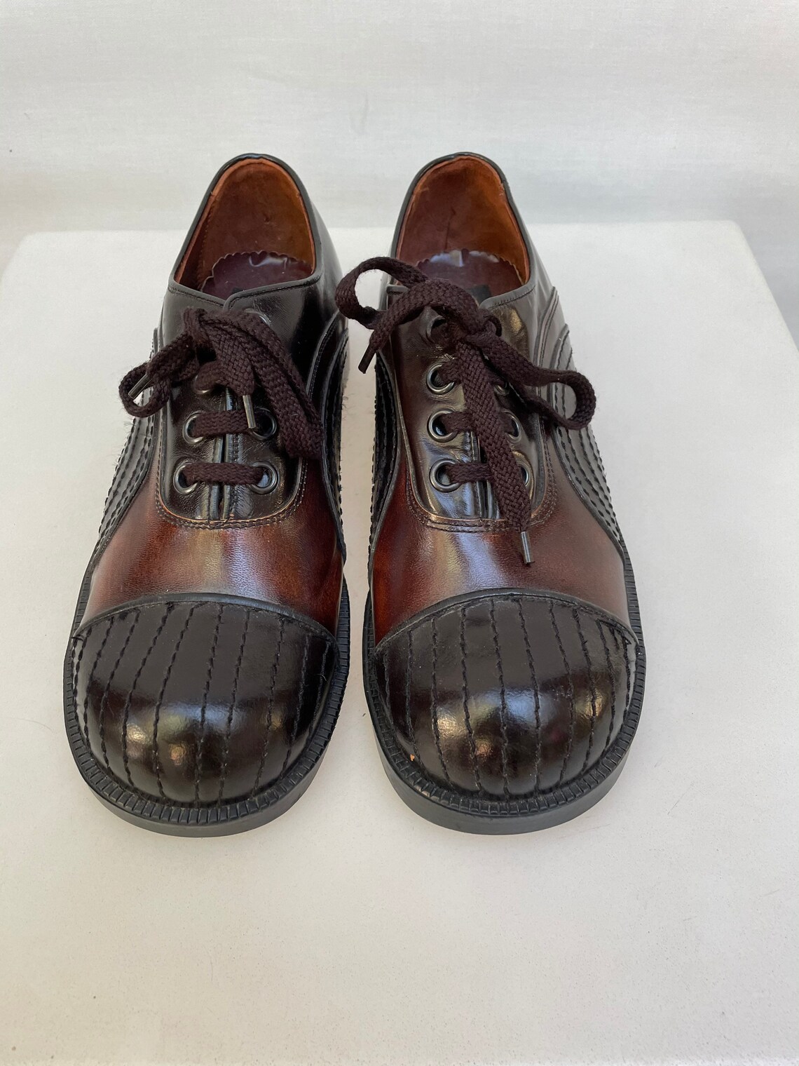 70s leather platform Laced Shoes patchwork colorblock Heels | Etsy