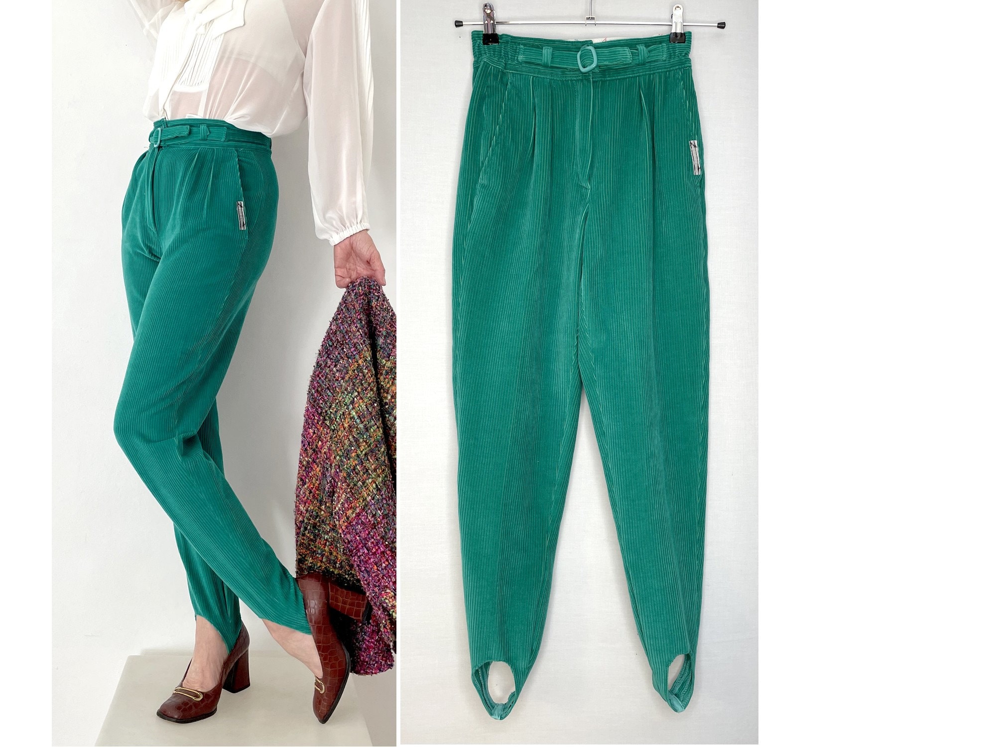 80s Corduroy Pants Women Small Stirrup Pants High Waist 29 Dark