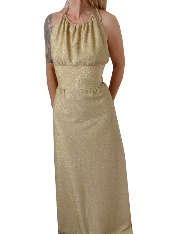 1960s maxi Gold DRESS // 60s gold glitter dress //